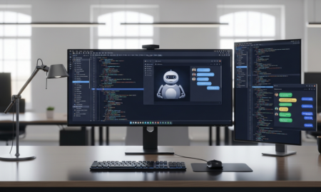 Developer comparing the best AI chatbots for coding on dual monitors showing code editors