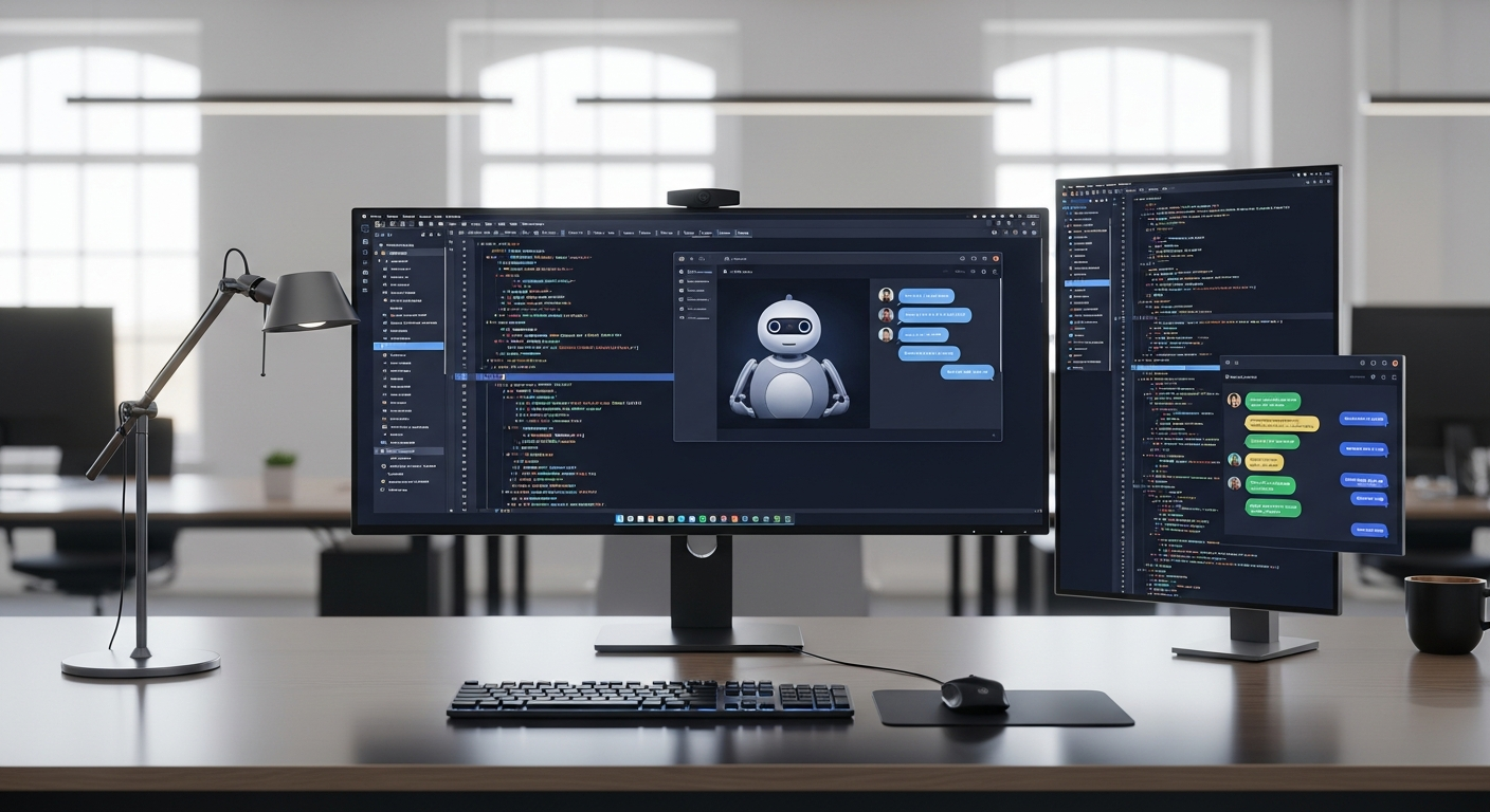 Developer comparing the best AI chatbots for coding on dual monitors showing code editors