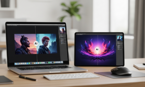 Comparison of outputs from the best AI image generators displayed on a laptop screen