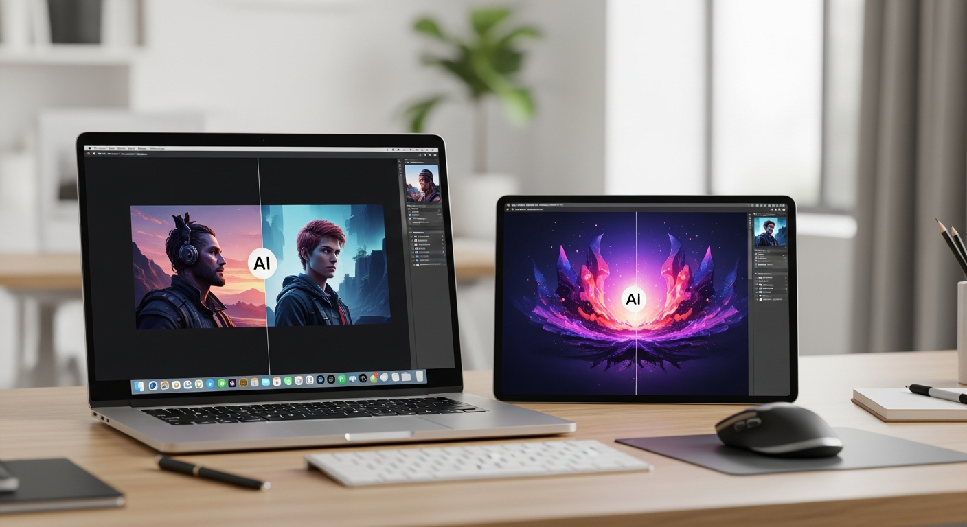 Comparison of outputs from the best AI image generators displayed on a laptop screen