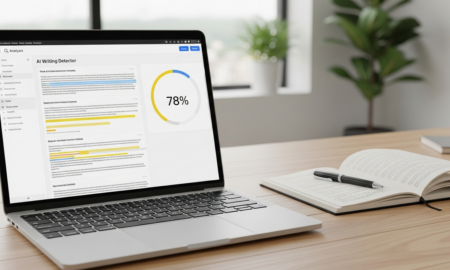 Laptop screen showing analysis results from one of the best AI writing detectors comparing accuracy scores