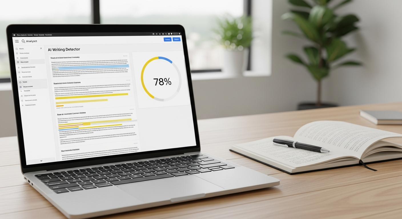 Laptop screen showing analysis results from one of the best AI writing detectors comparing accuracy scores