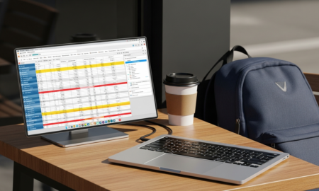 Best portable monitors setup with a slim USB-C display connected to a laptop on a café table