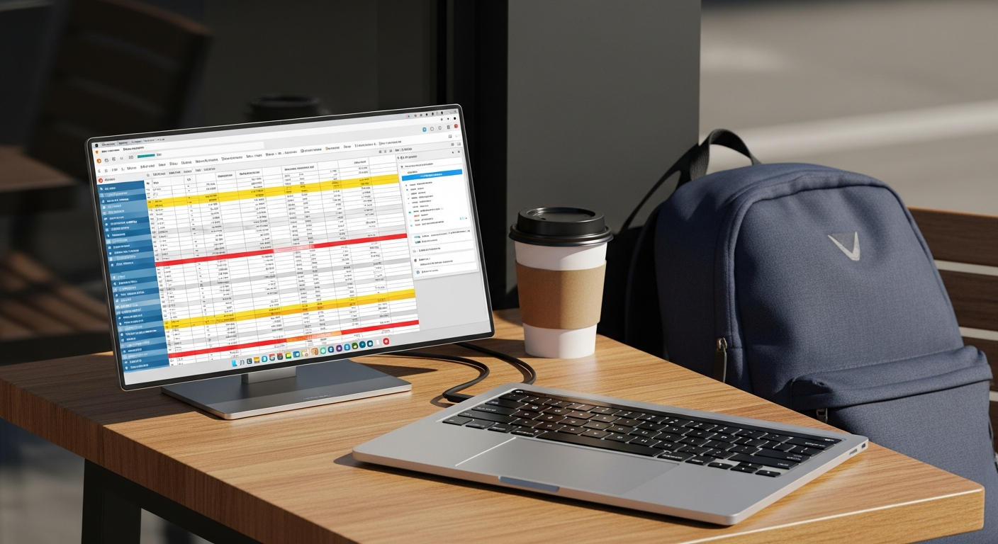 Best portable monitors setup with a slim USB-C display connected to a laptop on a café table