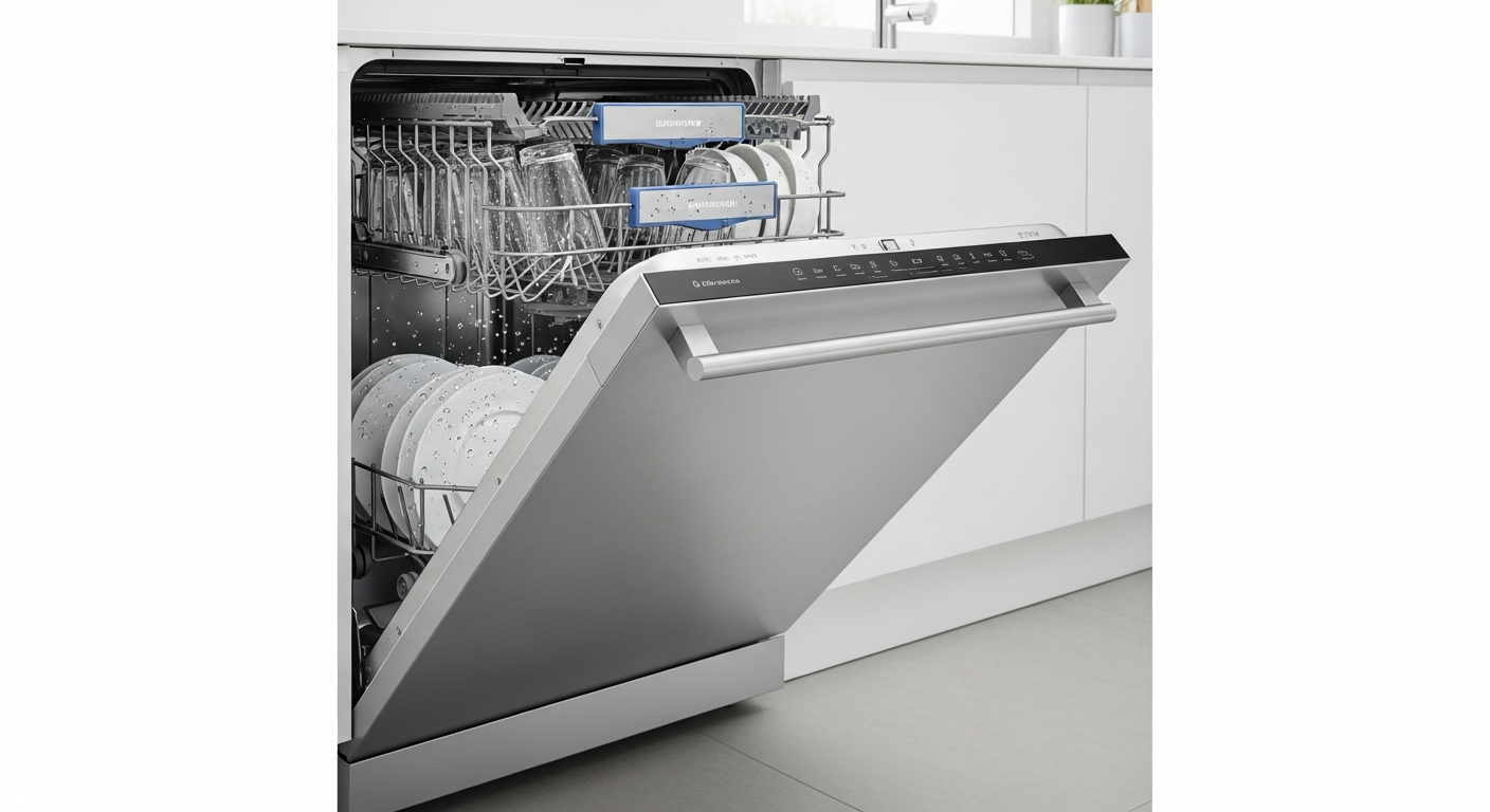 Open dishwasher with wet dishes illustrating a dishwasher not drying dishes problem