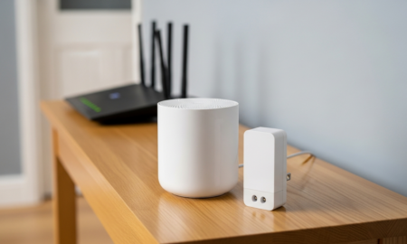 Mesh wifi node and wifi extender side by side, illustrating mesh wifi vs extender comparison for fixing home dead zones