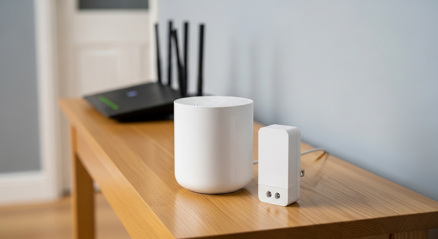 Mesh wifi node and wifi extender side by side, illustrating mesh wifi vs extender comparison for fixing home dead zones