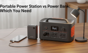 Portable power station vs power bank comparison showing a compact charger next to a larger battery unit with AC outlets