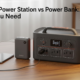 Portable power station vs power bank comparison showing a compact charger next to a larger battery unit with AC outlets