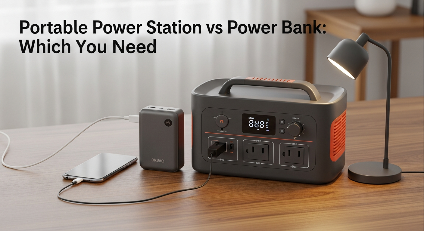 Portable power station vs power bank comparison showing a compact charger next to a larger battery unit with AC outlets