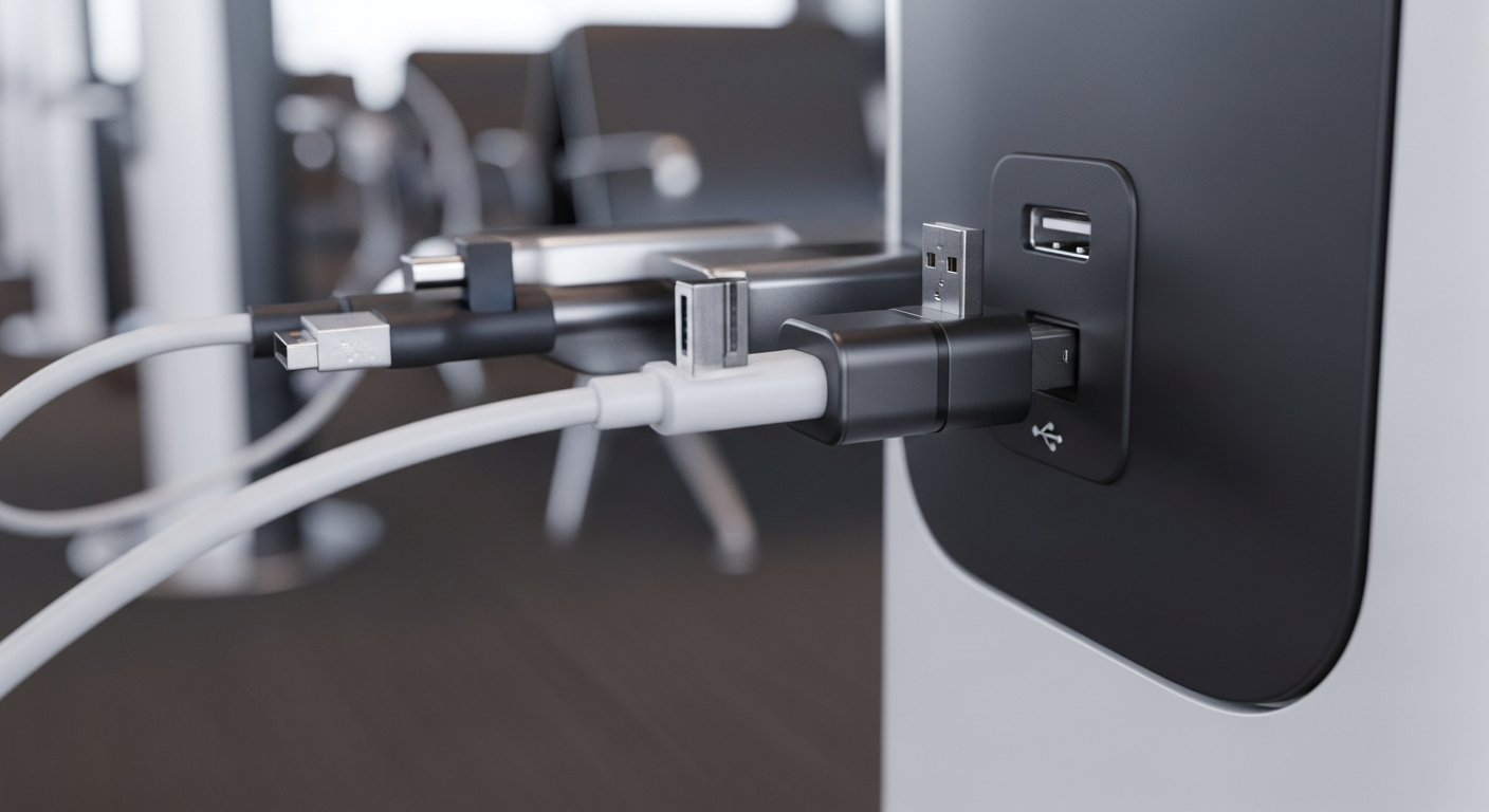 A USB data blocker plugged into a public charging station to prevent juice jacking
