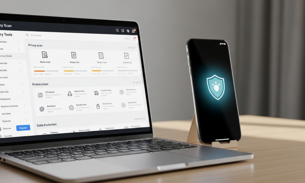 Laptop showing an AI data privacy tools dashboard scanning for personal data leaks
