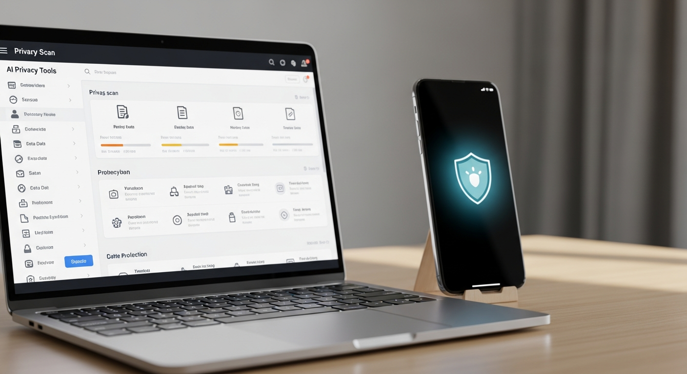 Laptop showing an AI data privacy tools dashboard scanning for personal data leaks