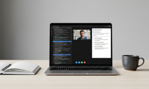 Laptop screen showing one of the best AI meeting assistants generating a live transcript during a video call