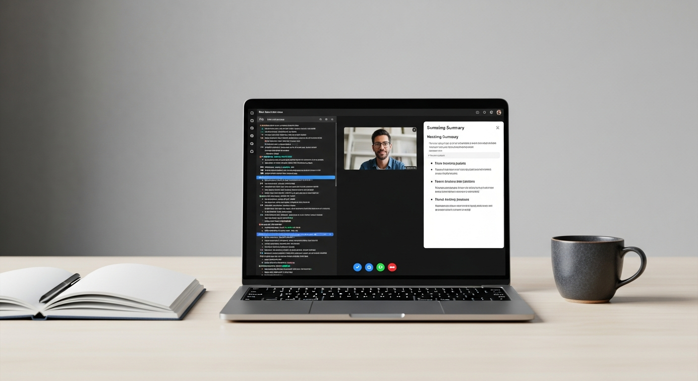 Laptop screen showing one of the best AI meeting assistants generating a live transcript during a video call