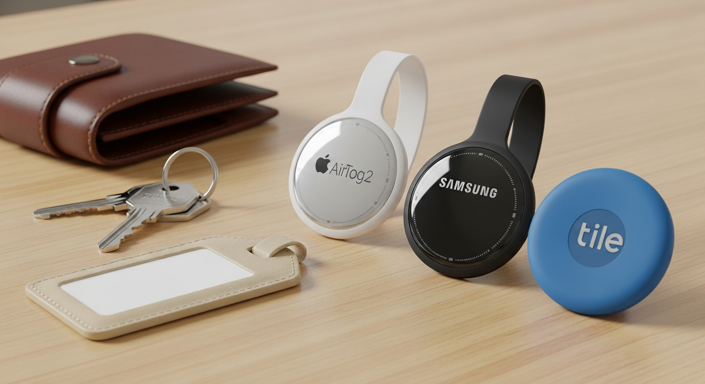 Three of the best item trackers compared side by side: AirTag, SmartTag2, and Tile on keys and luggage