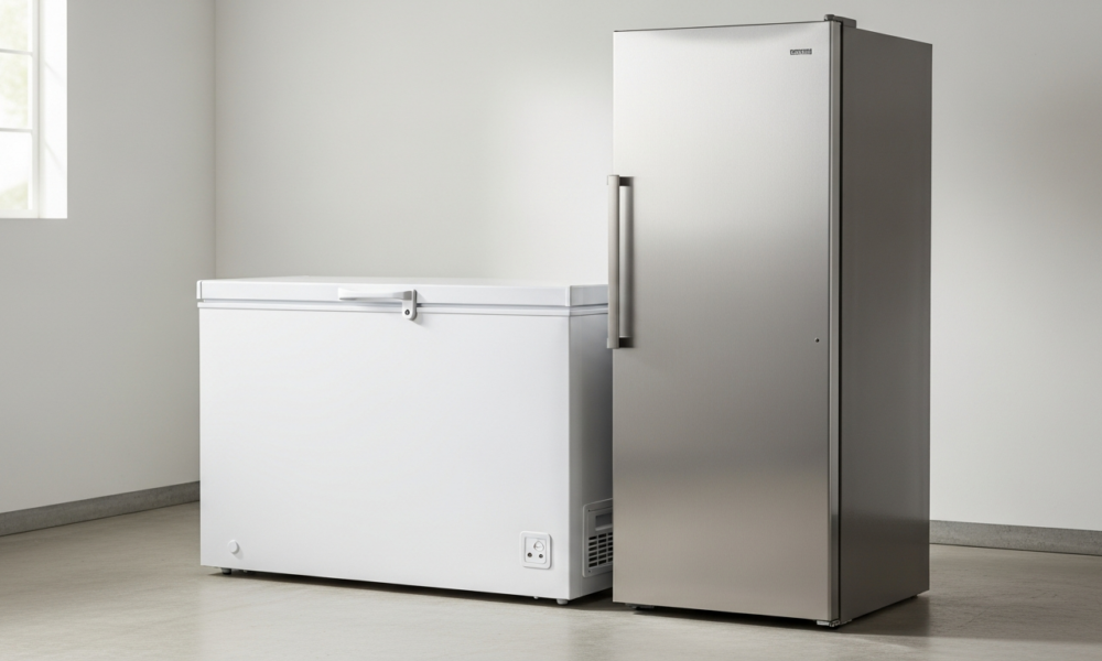 Side-by-side comparison of a chest vs upright freezer in a home utility room
