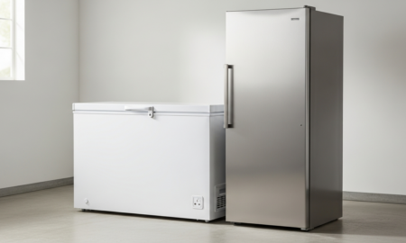 Side-by-side comparison of a chest vs upright freezer in a home utility room