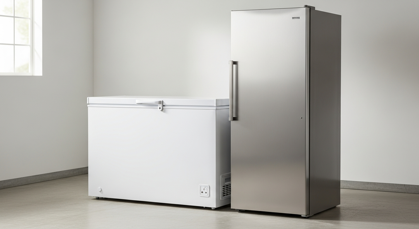 Side-by-side comparison of a chest vs upright freezer in a home utility room