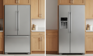 Side-by-side comparison of counter-depth vs standard fridge in a modern kitchen