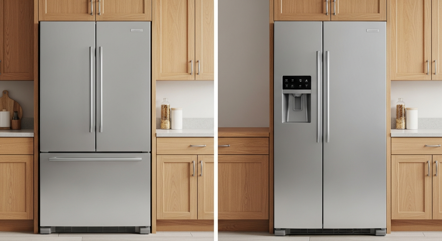 Side-by-side comparison of counter-depth vs standard fridge in a modern kitchen