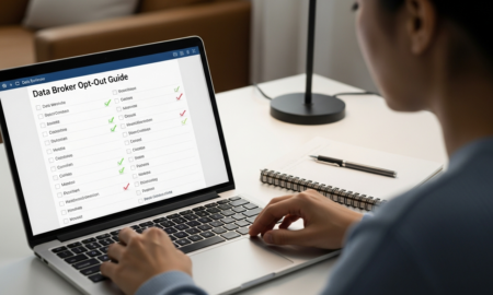 Person using a data broker opt-out guide checklist on a laptop to remove personal information from broker websites