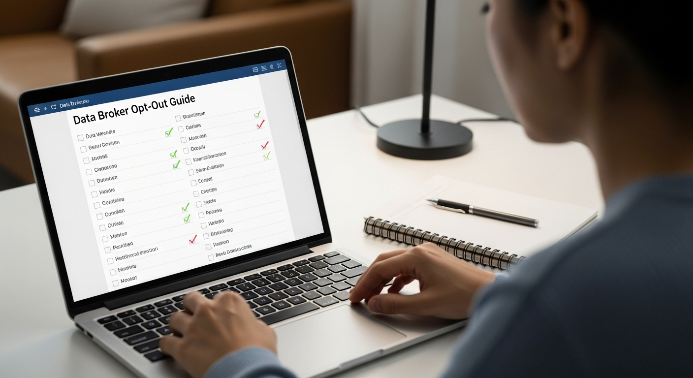 Person using a data broker opt-out guide checklist on a laptop to remove personal information from broker websites