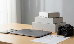 Refurbished smartphone, laptop, and camera on a desk illustrating is refurbished electronics worth it
