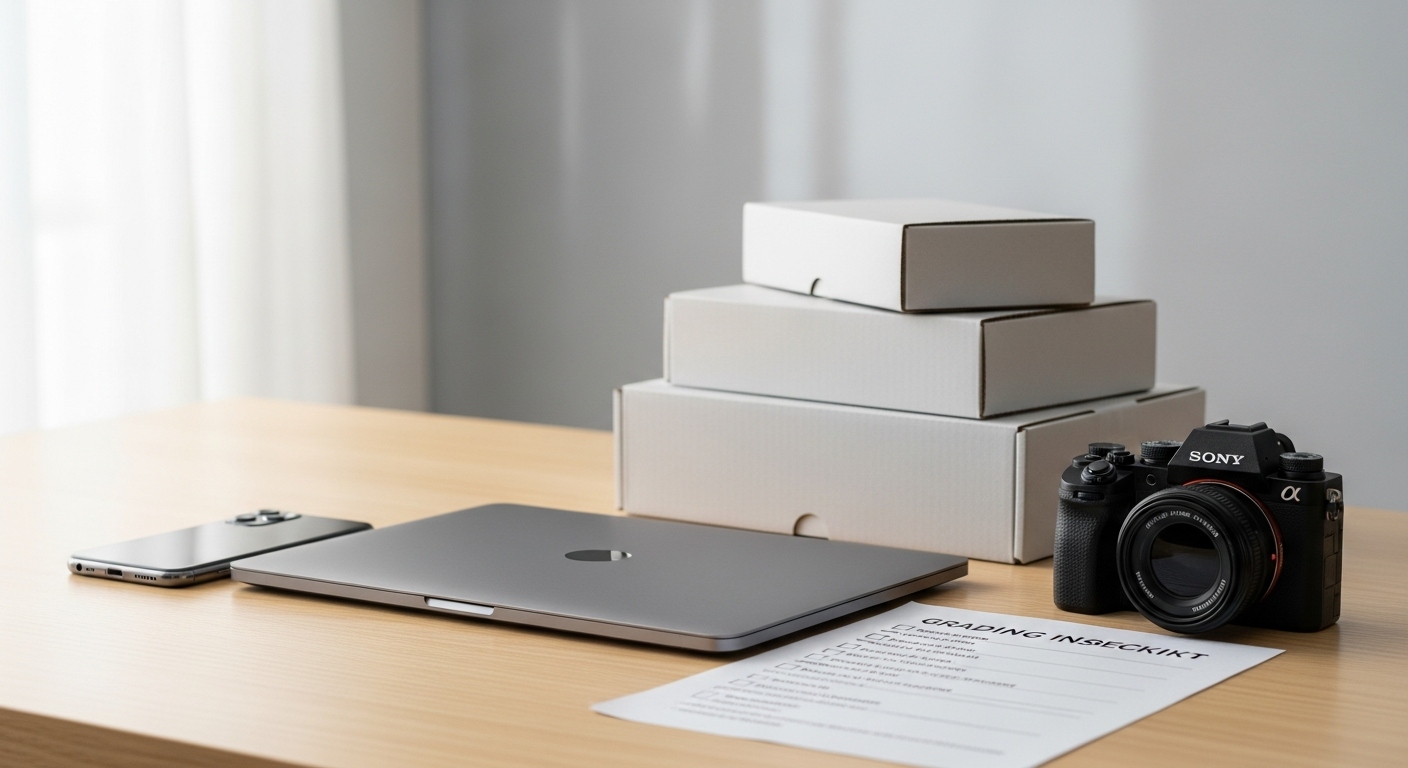 Refurbished smartphone, laptop, and camera on a desk illustrating is refurbished electronics worth it