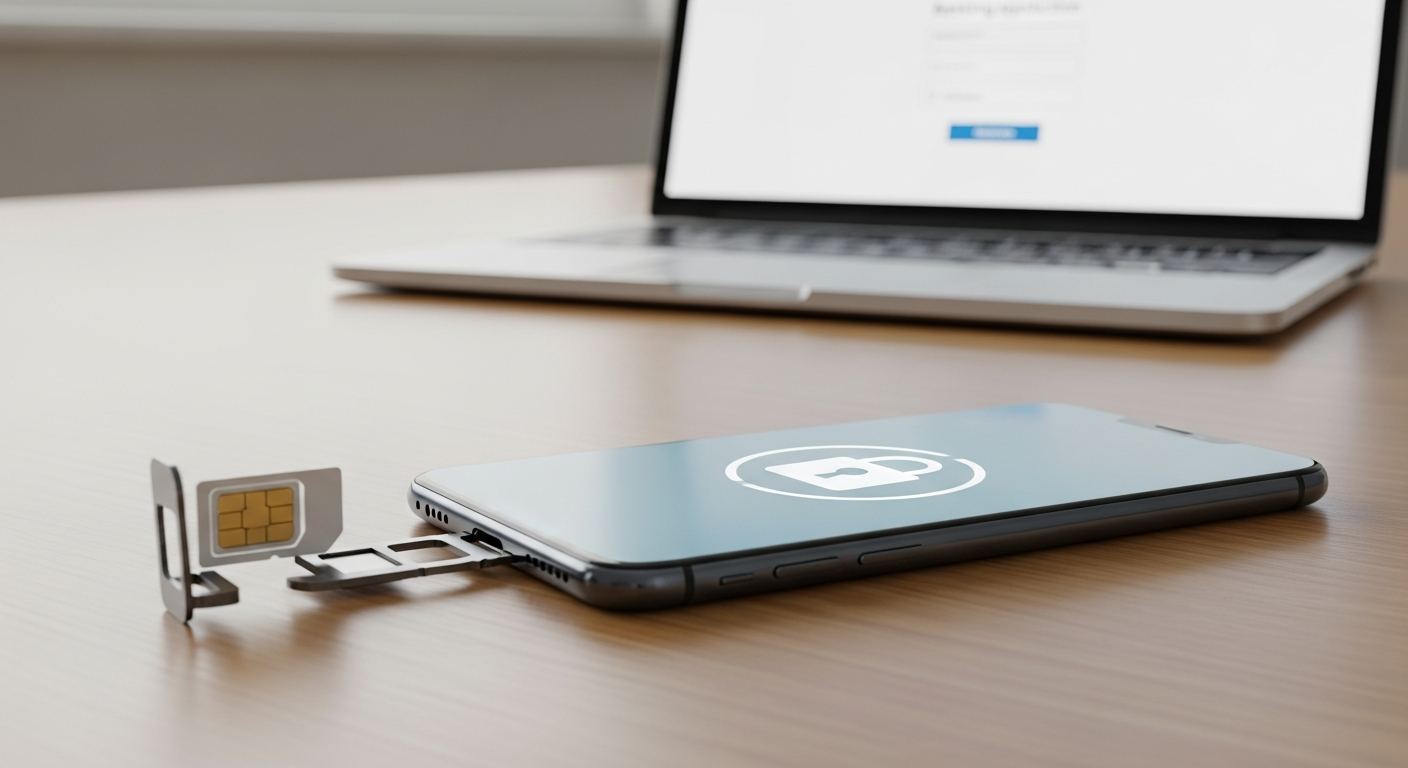 Smartphone with SIM card tray and padlock icon illustrating SIM swap protection against phone number hijacking