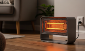 Portable electric space heater in a living room illustrating space heater wattage usage