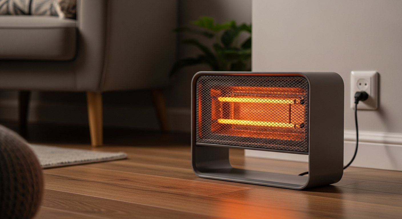 Portable electric space heater in a living room illustrating space heater wattage usage