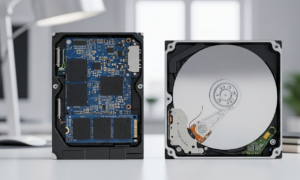 Side-by-side SSD vs HDD comparison showing a solid-state drive and a mechanical hard disk drive