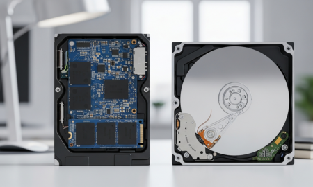 Side-by-side SSD vs HDD comparison showing a solid-state drive and a mechanical hard disk drive