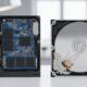 Side-by-side SSD vs HDD comparison showing a solid-state drive and a mechanical hard disk drive