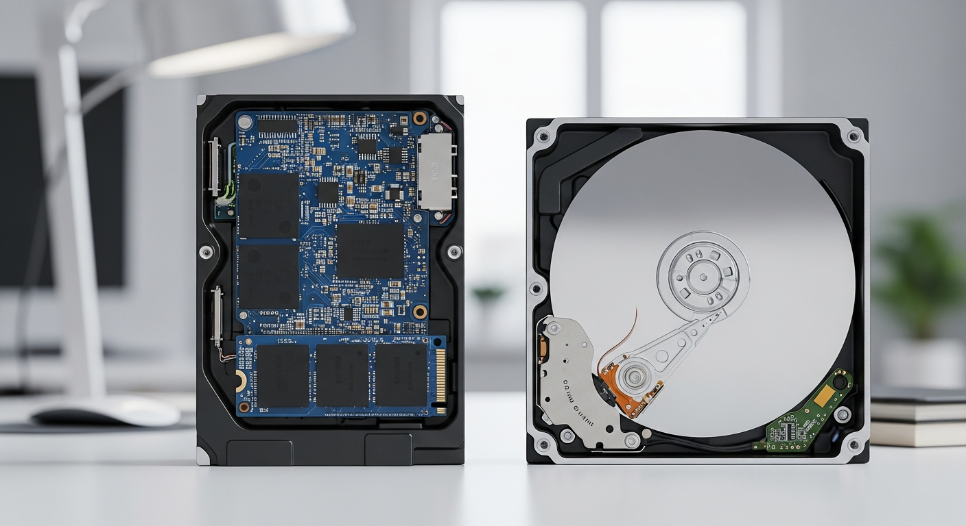 Side-by-side SSD vs HDD comparison showing a solid-state drive and a mechanical hard disk drive