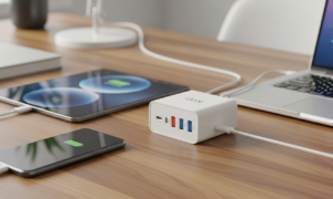 USB-C charger wattage guide illustrated by a GaN charger powering a phone, tablet, and laptop simultaneously