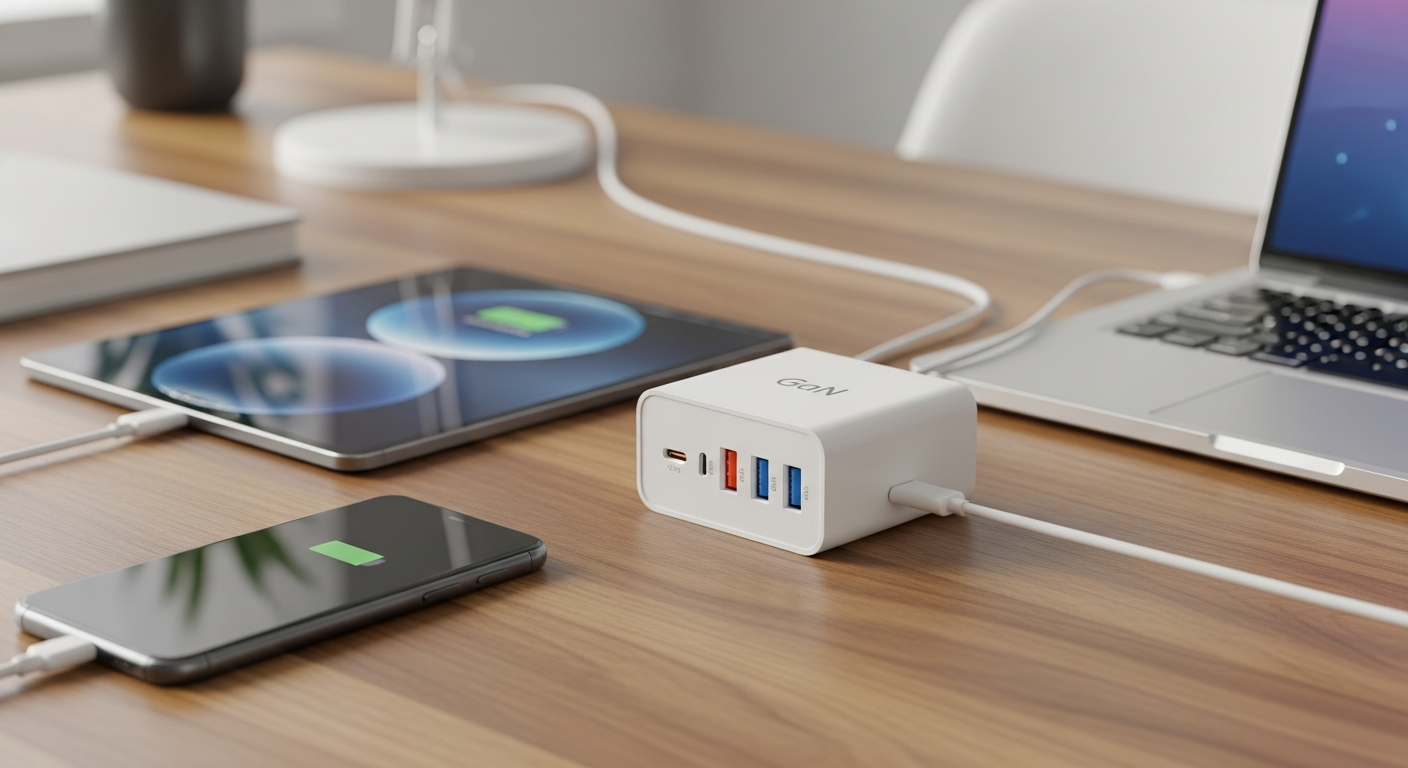 USB-C charger wattage guide illustrated by a GaN charger powering a phone, tablet, and laptop simultaneously