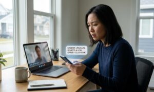 Job seeker reviewing a laptop video interview while checking AI job scam red flags on a smartphone