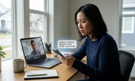 Job seeker reviewing a laptop video interview while checking AI job scam red flags on a smartphone