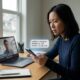 Job seeker reviewing a laptop video interview while checking AI job scam red flags on a smartphone