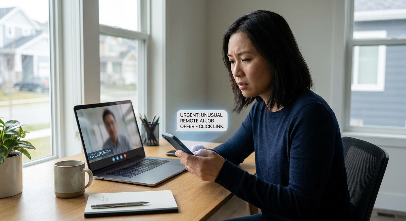 Job seeker reviewing a laptop video interview while checking AI job scam red flags on a smartphone