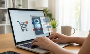 Laptop screen showing an AI shopping assistant chat during checkout, illustrating AI shopping assistant scams