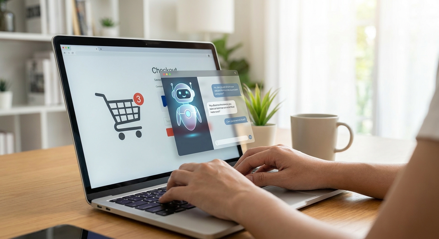 Laptop screen showing an AI shopping assistant chat during checkout, illustrating AI shopping assistant scams
