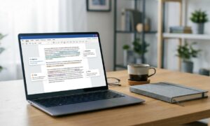 Laptop screen showing suggestions from the best AI grammar checkers highlighting errors in a document