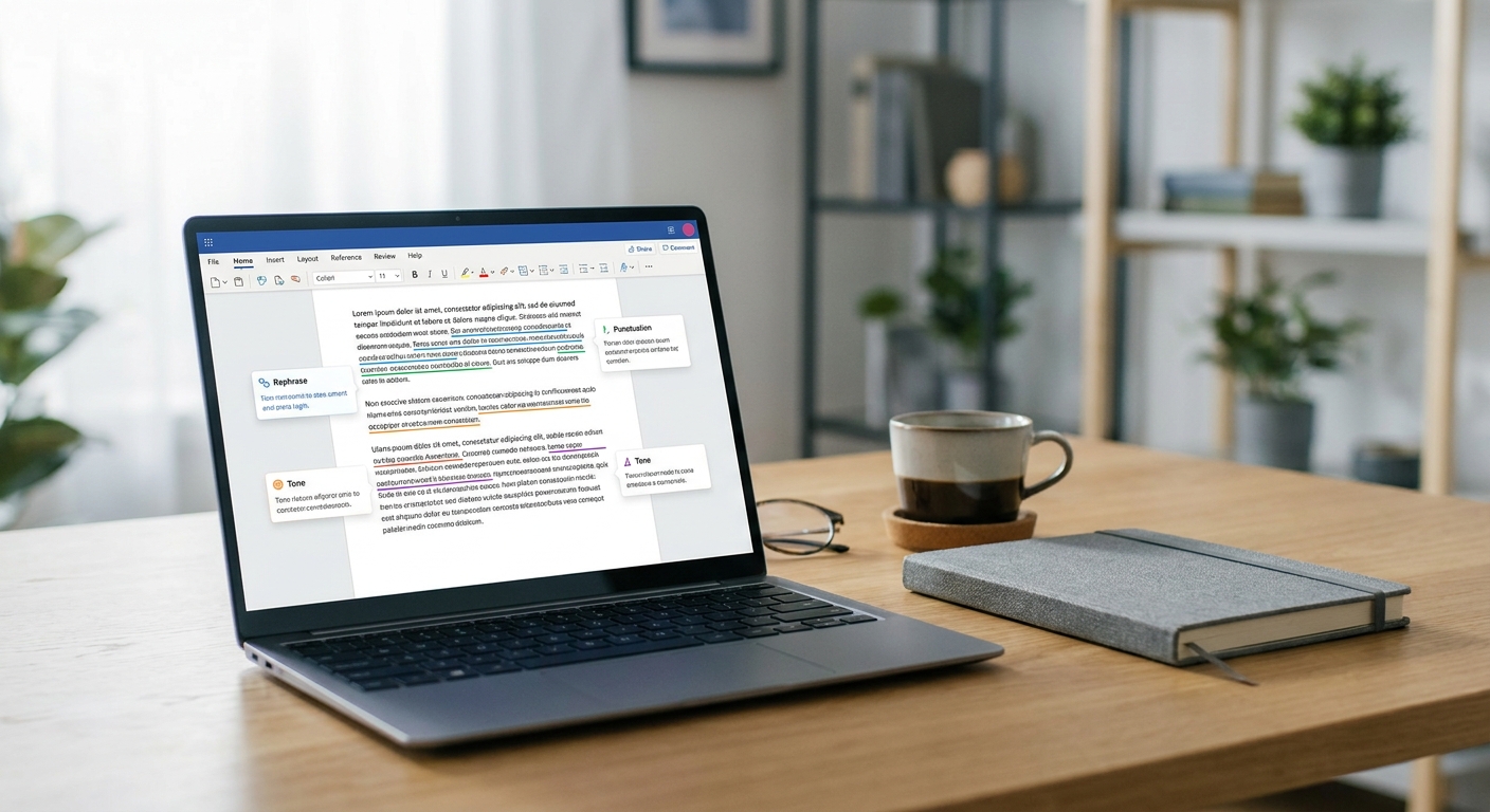 Laptop screen showing suggestions from the best AI grammar checkers highlighting errors in a document