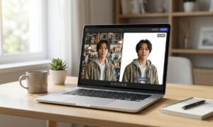Laptop screen showing the best AI photo editors removing a background from a portrait photo