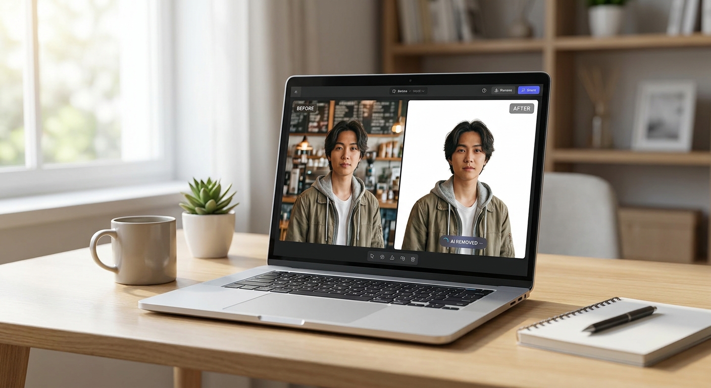 Laptop screen showing the best AI photo editors removing a background from a portrait photo