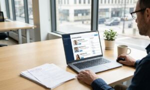 Hiring manager using AI resume screening tools on a laptop dashboard to rank job candidates