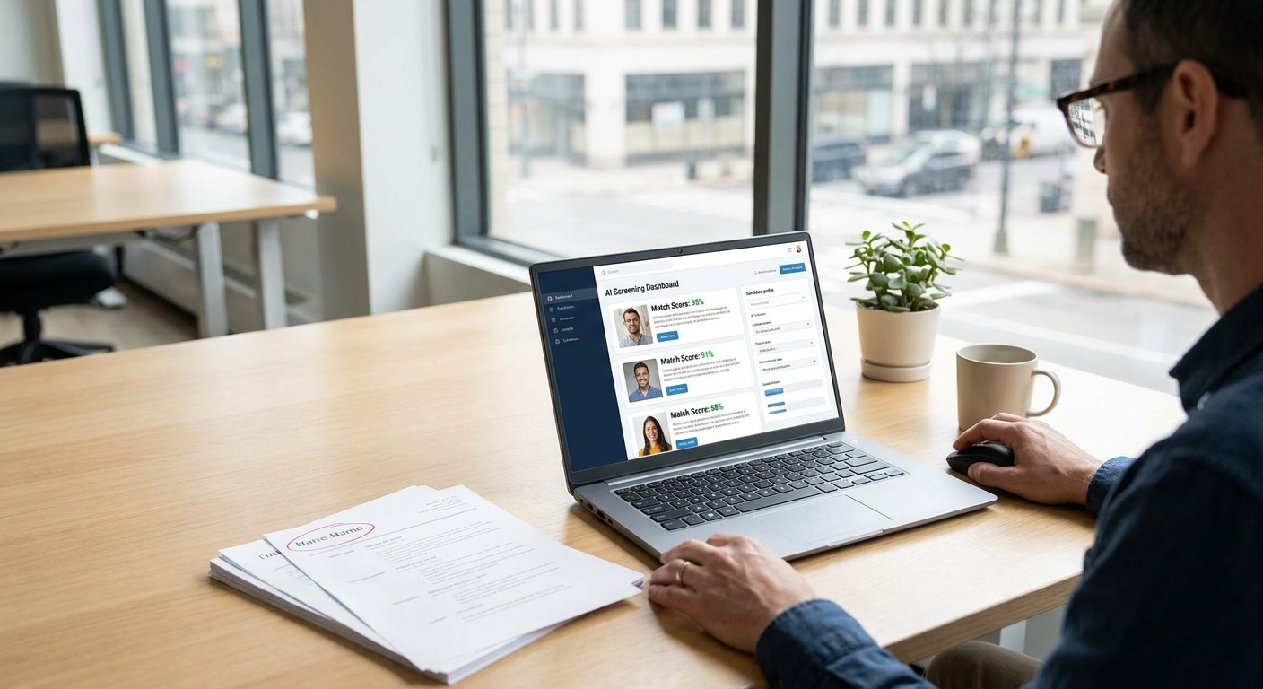 Hiring manager using AI resume screening tools on a laptop dashboard to rank job candidates